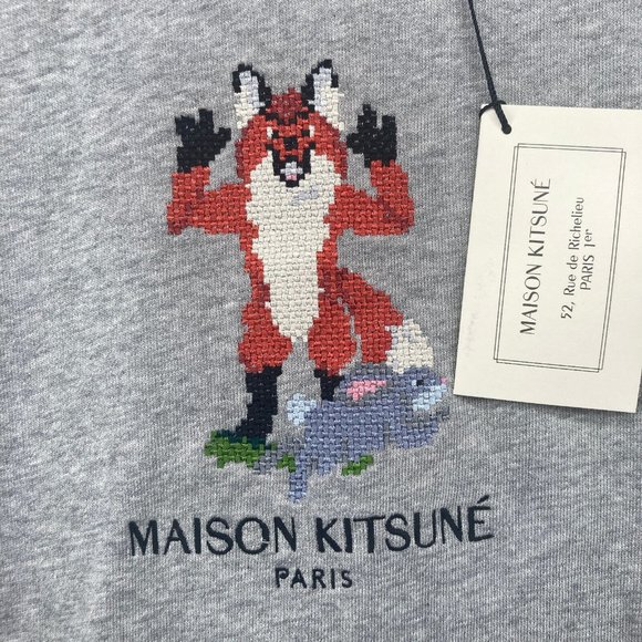 Maison Kitsune Mens Grey Pixel Fox Crewneck Sweatshirt Long Sleeve Size M NWT - Picture 5 of 8